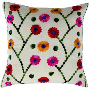 Colorful Wool Thread Hand Embroidered Cushion Cover