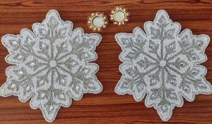 Christmas Home Decor Winter Theme White Silver Snowflakes Beaded Placemats