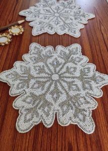 Christmas Home Decor Winter Theme White Silver Snowflakes Beaded Placemats