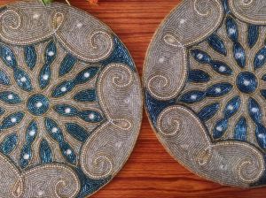 Handmade Golden Blue Paisley Pattern Beaded Table Placemats