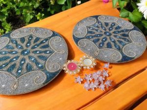 Handmade Golden Blue Paisley Pattern Beaded Table Placemats