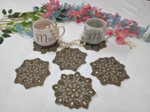 Handmade White and Silver Pearls Star Theme Beaded Coasters