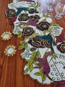 Handmade Birds Flowers Beaded Table Runner