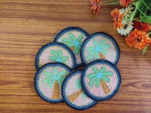 Handmade Blue Green Palm leaves themed Beaded Coasters