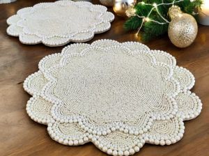 Winter Theme White Silver Snowflakes Beaded Placemats