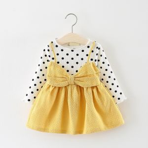 Girls Polka Dotted Print Cotton Dress With Bow