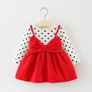 Girls Polka Dotted Print Cotton Dress With Bow