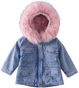Girls Fur Denim Hoodie Jacket