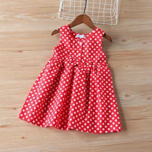 Girls Polka Dotted Print Cotton Dress With Bow