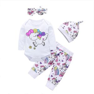 Baby Girl Printed Top & Pant Set With Headband