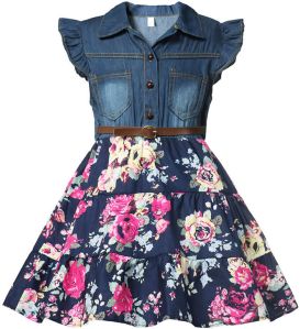 Girls Denim Floral Printed Dress