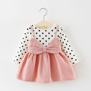 Girls Polka Dotted Print Cotton Dress With Bow