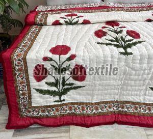 Green & Red Hand Block Printed Jaipuri Quilt