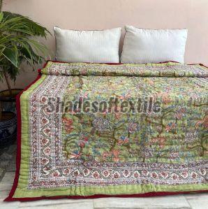 Green Floral Block Printed Quilt