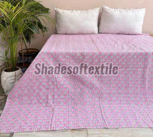 Pink Block Printed Cotton Kantha Quilt