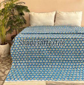 Blue Cotton Indian Hand Block Print Kantha Quilt