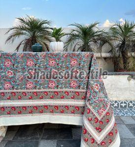 Red and Blue Cotton Hand Block Printed Tablecloth