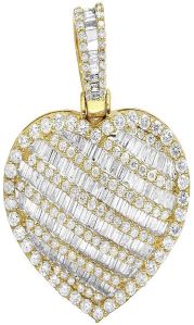 10K Yellow Gold Puffed Heart Baguette Diamond Pendant