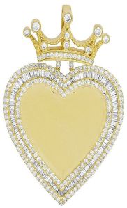 10k Yellow Gold Real Diamond Baguette Crown Heart Memory Pendant