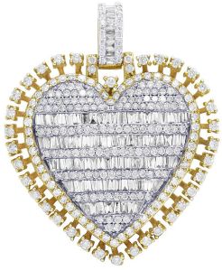 10k Yellow Gold Women Heart Shap Pendant with Round and Baguette Diamond