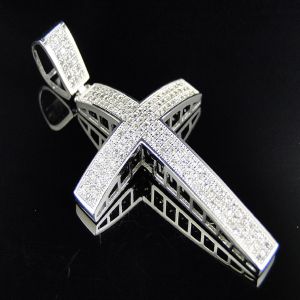 14K White Gold Round Diamond Cross Pendant