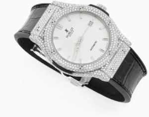 Hublot Black Leather Belt Round Diamond Watch