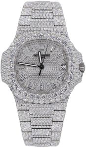 Patek Philippe Nautilus Fully Silver-colored Stainless Steel Iced Diamond Watch