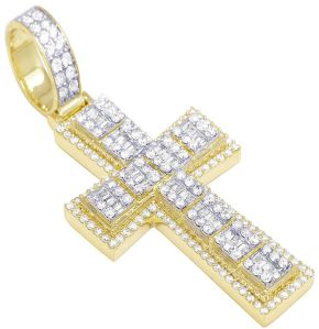 Round & Baguette Raised Border Cross Natural Diamond Pendant