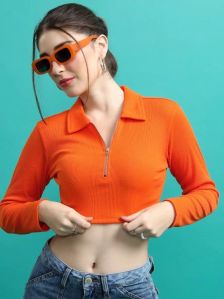 Ladies Full Sleeve Collar Crop Top