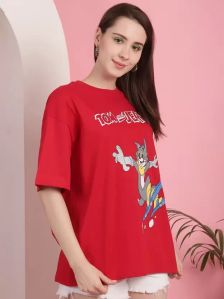 Ladies Red Printed Oversized T Shirt