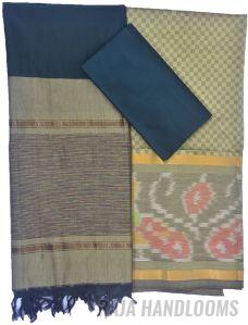 3PC Pochampally Ikat / Ikkat Handloom Cotton Silk Unstitched Dress Material Set for Women - AL006