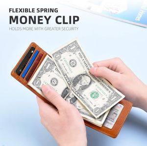 Mens Cow Leather Slim Minimalist Money Clip Bifold Wallet