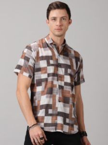 Brown Printed Mens Half Sleeve Shirt