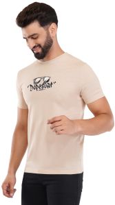 Mens Beige Printed Round Neck T-Shirts