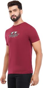 Mens Maroon Printed Round Neck T-Shirts