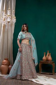 Ladies Dusty Blue Multi Embroidered Lehenga