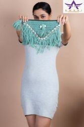 See Green Lace Jute Hand Clutch with Tassel