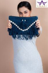 Navy Blue Lace Jute Hand Clutch with Tassel