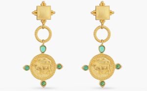 EMERALD TAURUS ZODIAC GOLD PLATED SILVER DROP EARRINGS