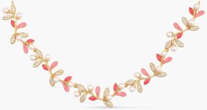 Eriha Pearl CZ Statement Pink Leaf Necklace