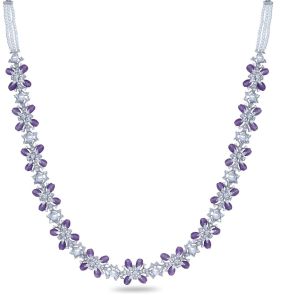 Floral Petal CZ Lavender Beads & Pearl Long Necklace