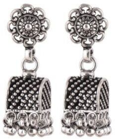 92.5 Sterling Silver Earrings Semi Circle Black Embossed Dotted Jhumki