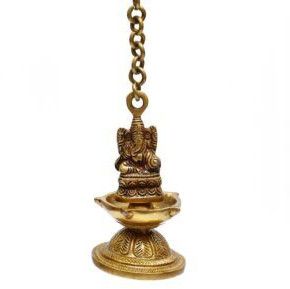 Brass Ganesha Figurine Hanging Four Wick Diya With Thick Chain