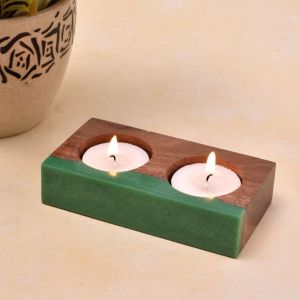 Twin Tea Light made of Wood filled with Green Colored Resin