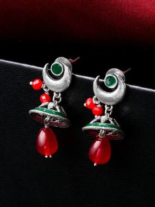 Oxidised Chandbali Earrings with Red Pearl