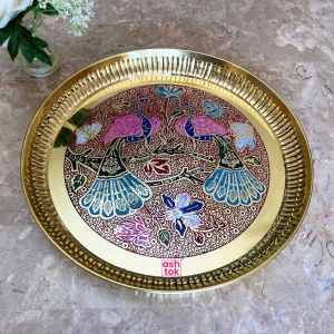 Brass Plate For Pooja Engraved Printed Peacock Design Inside