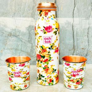 Floral Printed Copper Water Bottle With Glass Set