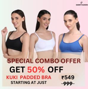 Padded Kuki Sports Bra Thin Strap In Combo Pack Of 3 Colour (White, Blue, Black)