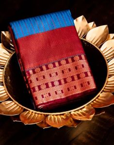 Blue With Maroon Kanchipuram Inspired Semi Silk Saree