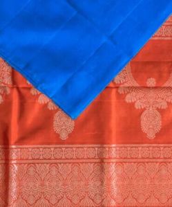 Blue With Orange Silk Saree Crafted With Silver Zari